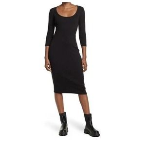 James Perse Women's Ribbed Cotton Knit Scoop Neck 3/4 Long Sleeve Midi Dress